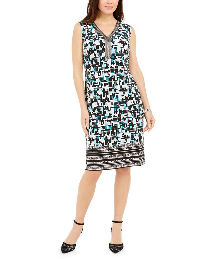 JM Collection Women's Printed Beaded Sleeveless Dress Black Size -S