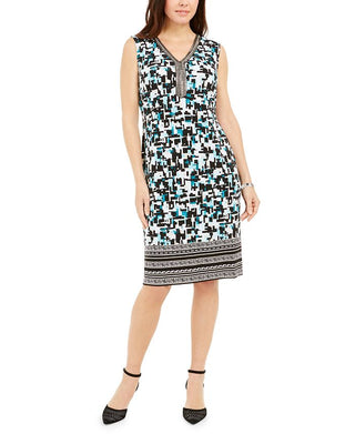 JM Collection Women's Printed Beaded Sleeveless Dress Black Size -S