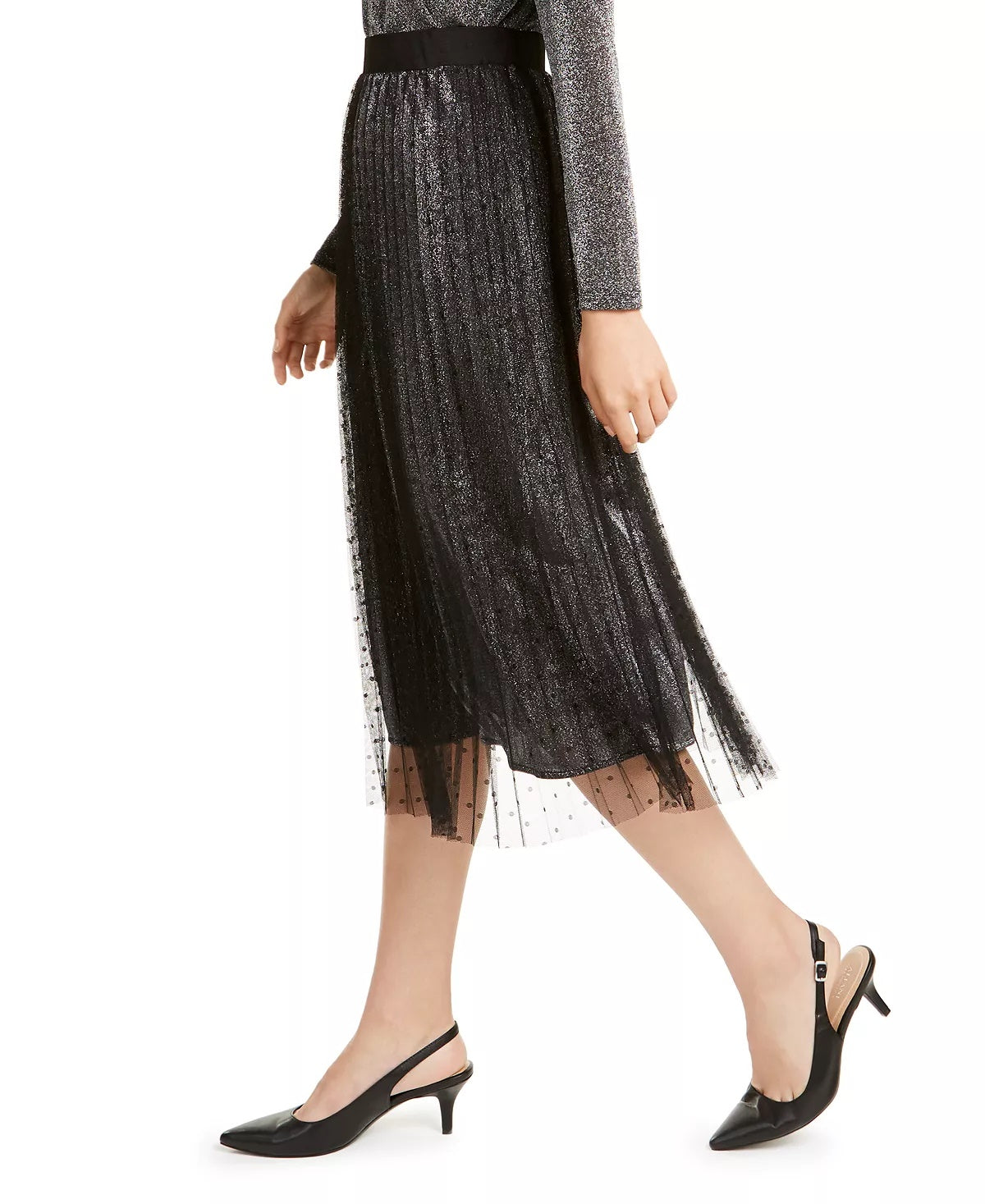 Alfani Women's Swiss Dot Metallic Midi Skirt Gray Size PL