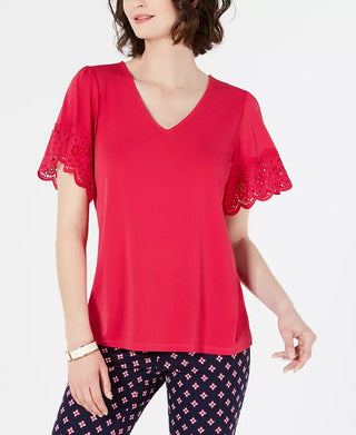 Charter Club Women's Lace Trim V Neck Top Pink Size XX-Large