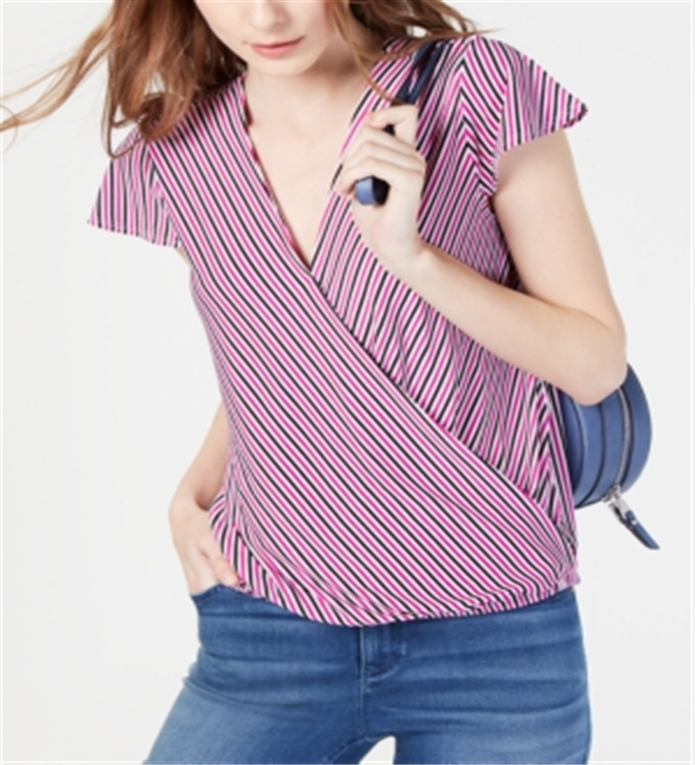INC International Concepts Women's Striped Cap Sleeve Wrap Shirt Pink Size Petite S