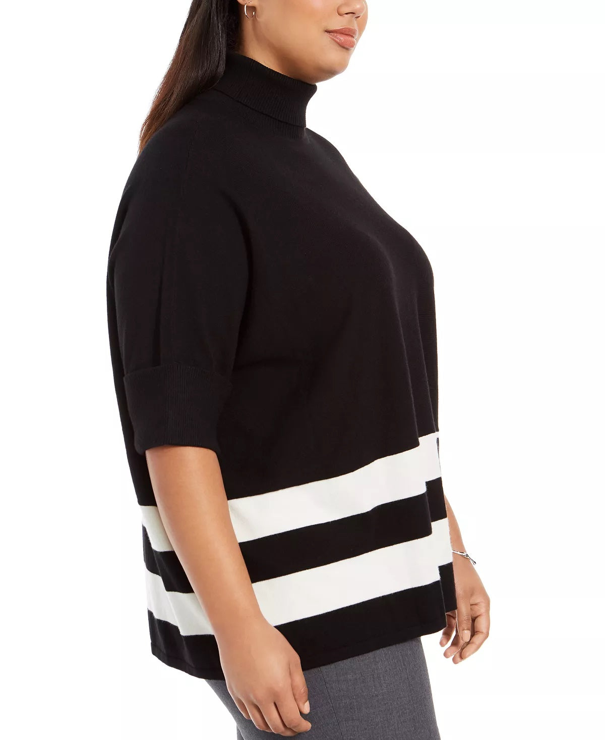 Alfani Women's Plus Colorblocked Turtleneck Poncho Black/White Size XL