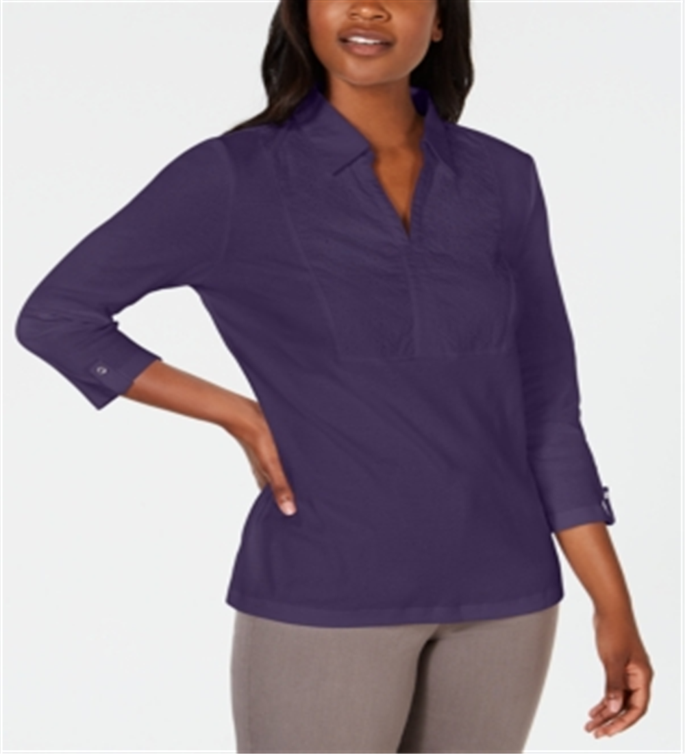 Karen Scott Cotton Eyelet-Yoke Top Purple Size XXL