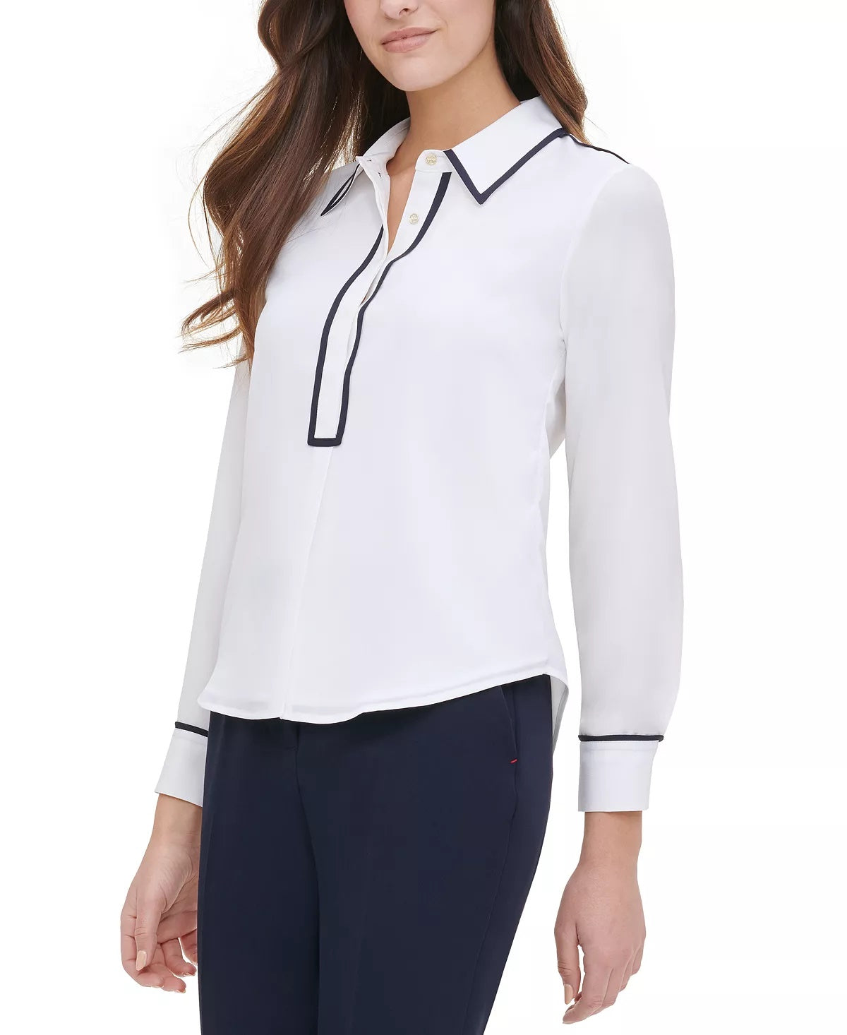 Tommy Hilfiger Women's Contrast Trim Blouse White Size Large