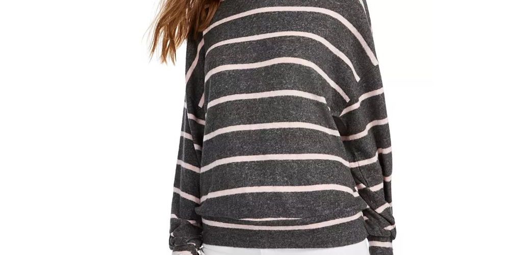 Gypsies & Moondust Junior's Cozy Striped Dolman Sleeve Top Pink/Grey Size X-Large