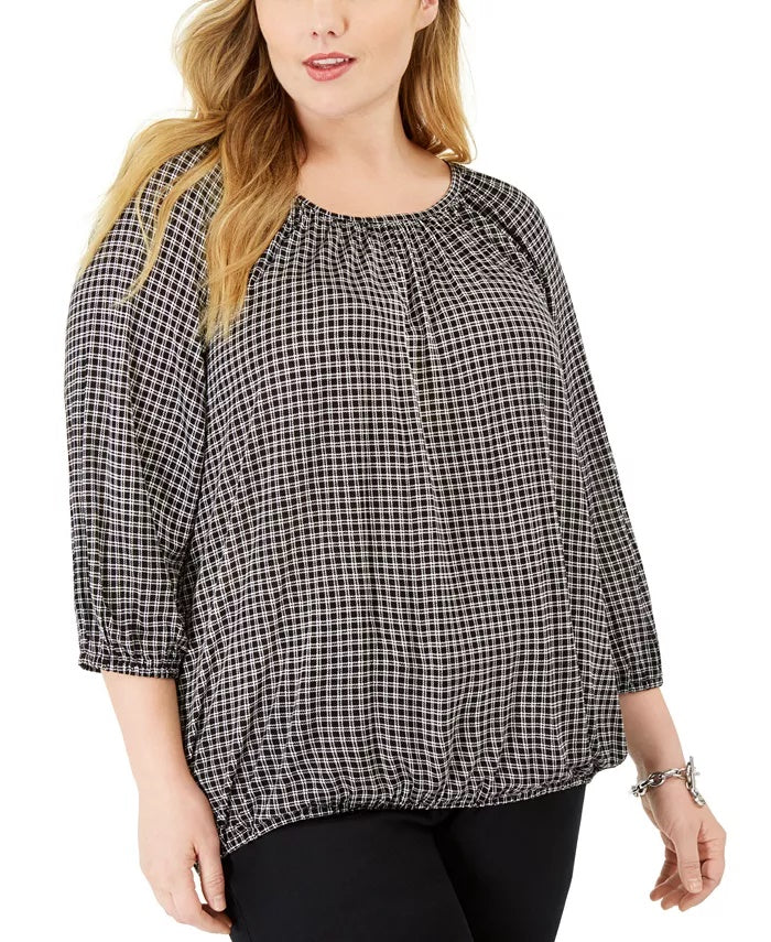 Michael Kors Women's Plus Boho Check Print Peasant Top Silver Size 0X