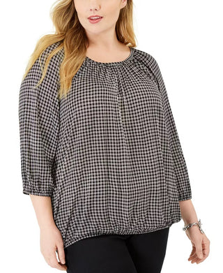 Michael Kors Women's Plus Boho Check Print Peasant Top Silver Size 0X