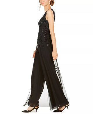 Adrianna Papell Women's Petite Embellished Wide-Leg Jumpsuit Black Size 12 Petite