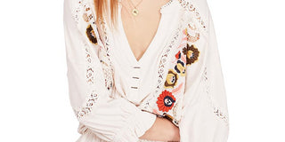Free People Women's Embroidered Blouse Tunic Top White Size X-Small