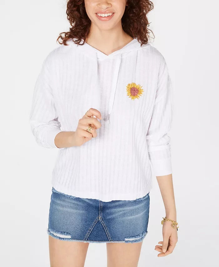 Pretty Rebellious Juniors' Embroidered Sunflower Hoodie White Size X-Small