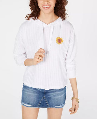 Pretty Rebellious Juniors' Embroidered Sunflower Hoodie White Size X-Small