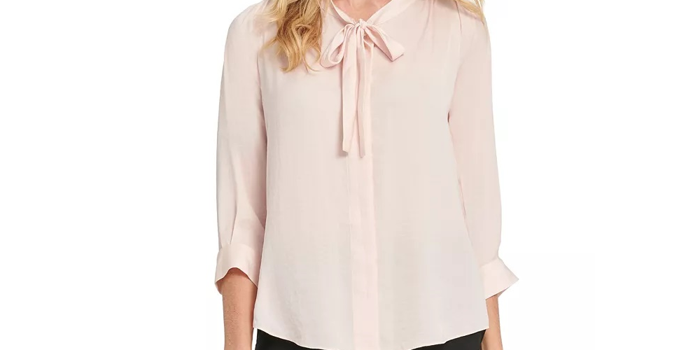 DKNY Women's Petite Shiny Tie-Neck Button-Up Blouse Pink Size PL