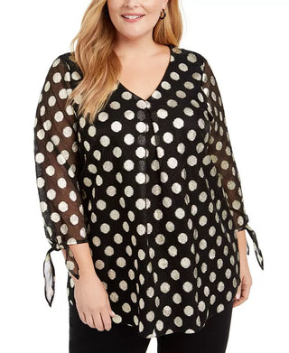 Alfani Women's Plus Metallic-Dot Sheer-Sleeve Gld Lurex Dot Top Black Size 0X