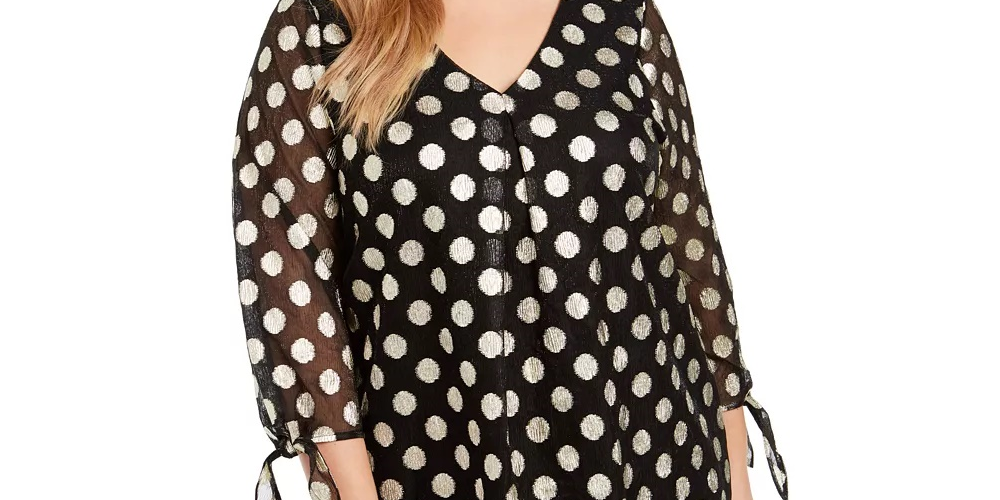 Alfani Women's Plus Metallic-Dot Sheer-Sleeve Gld Lurex Dot Top Black Size 0X
