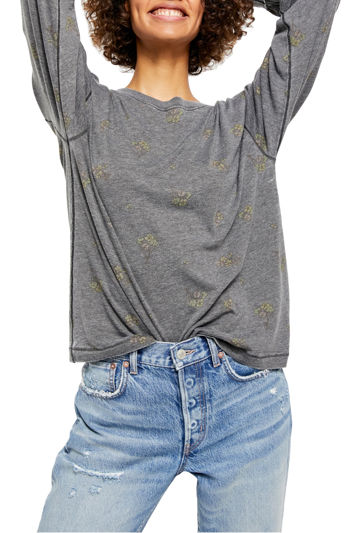 Free People Women's Tee Shirts Camo Arielle Long Sleeve Tee Gray Size Medium