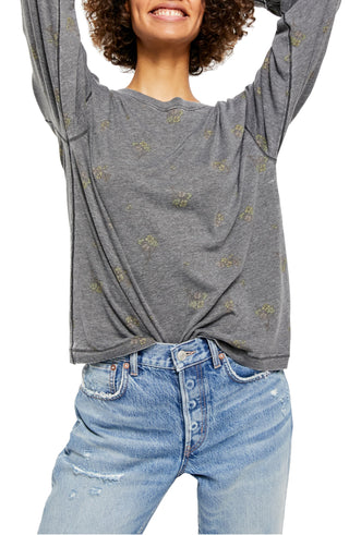 Free People Women's Tee Shirts Camo Arielle Long Sleeve Tee Gray Size Medium