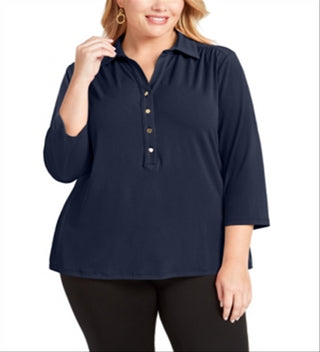 Charter Club Women's Plus 3/4 Sleeve Polo Top Blue Size 3X