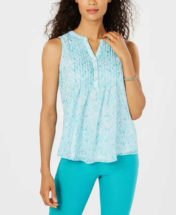 Charter Club Women's Petite Seahorse-Print Pintucked Top Blue Size PL