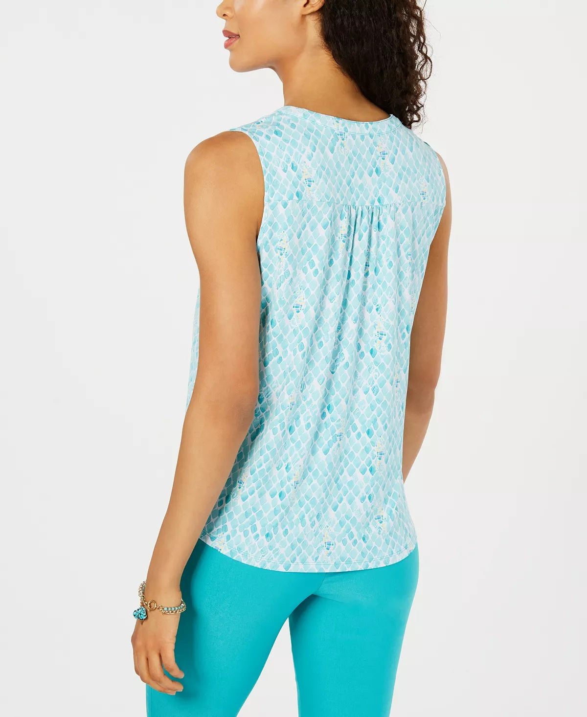 Charter Club Women's Petite Seahorse-Print Pintucked Top Blue Size PL