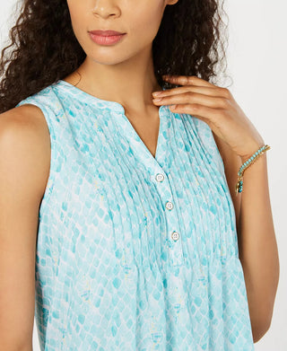 Charter Club Women's Petite Seahorse-Print Pintucked Top Blue Size PL