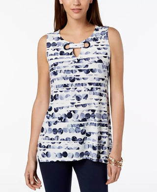 Alfani Women's Petite Printed Grommet-Neck Top Blue Size PXL