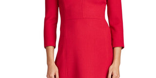 Ralph Lauren Women's Zippered 3/4 Sleeve V Neck Above The Knee Fit + Flare Straight Leg Cocktail Dress Red Size 2 Petite