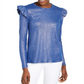 Michael Kors Women's Ruffled Metallic Long Sleeve Jewel Neck Top Blue Size X-Small