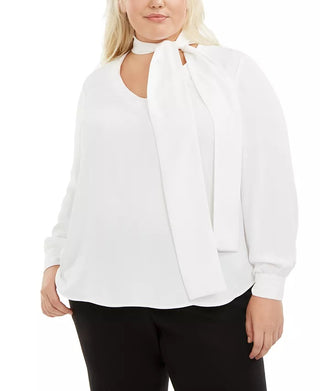 Bar III Women's Trendy Plus Size Tie-Neck Blouse White Size 1X