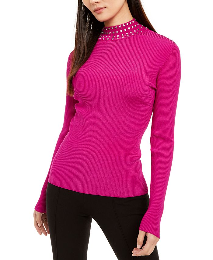 INC International Concepts Women's Embellished Ribbed Knit Turtleneck Pink Size L
