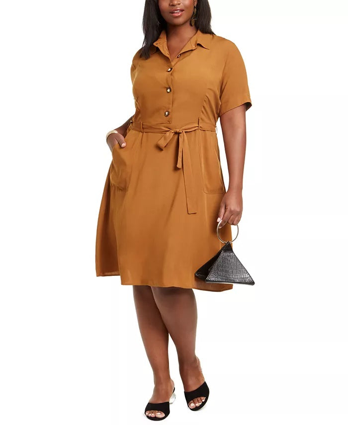 Monteau Trendy Women's Plus Size Midi Shirtdress Brown Size 2X