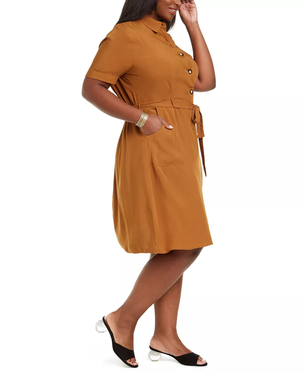 Monteau Trendy Women's Plus Size Midi Shirtdress Brown Size 2X