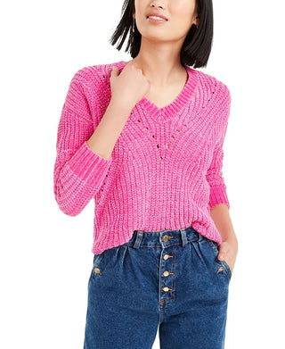 Bar III Women's Long Sleeve V Neck Sweater Pink- Size X-Small