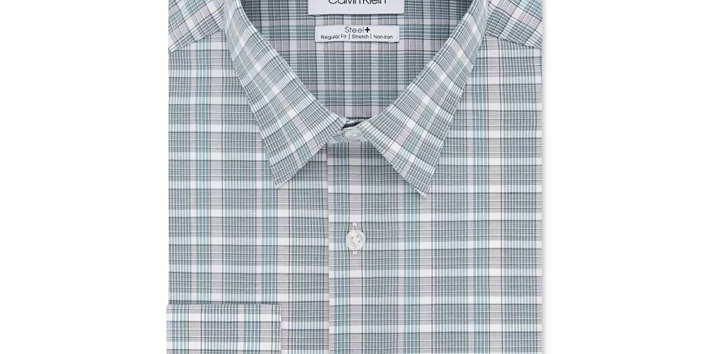 Calvin Klein Men's Steel Classic/Regular-Fit Non-Iron Performance Stretch Green Check Dress Shirt Green Size 17-32/33