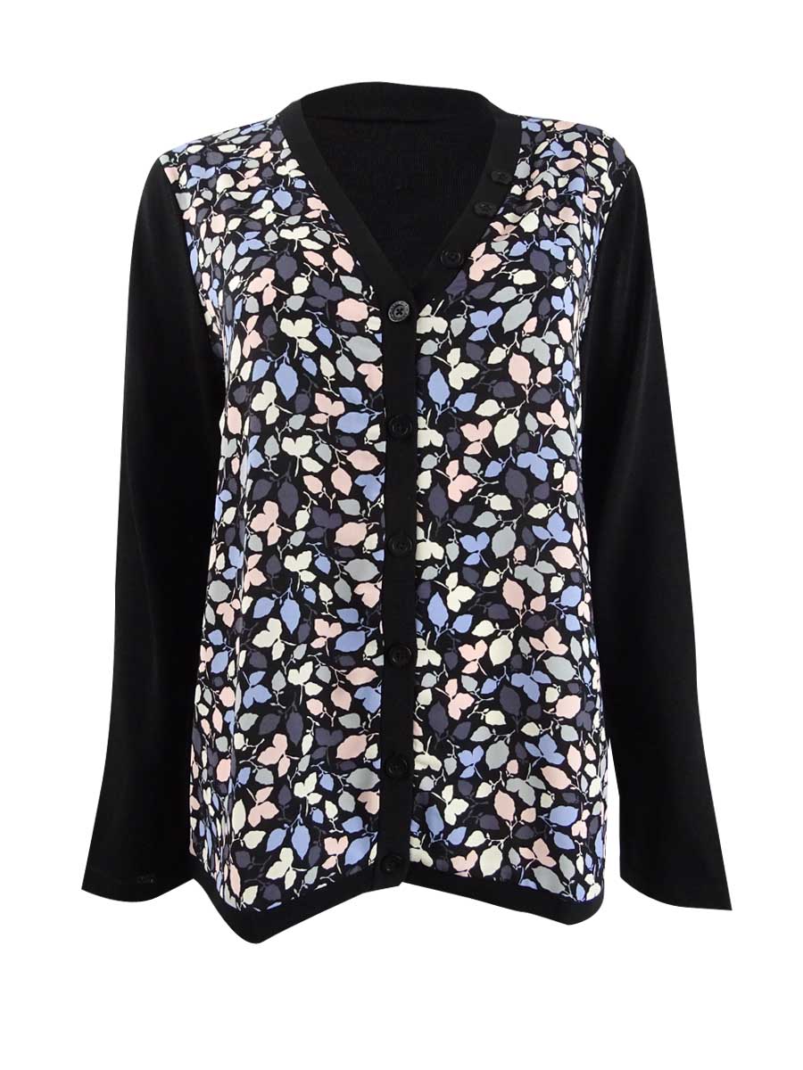 Anne Klein Women S Floral-Print Cardigan Charcoal Size Large