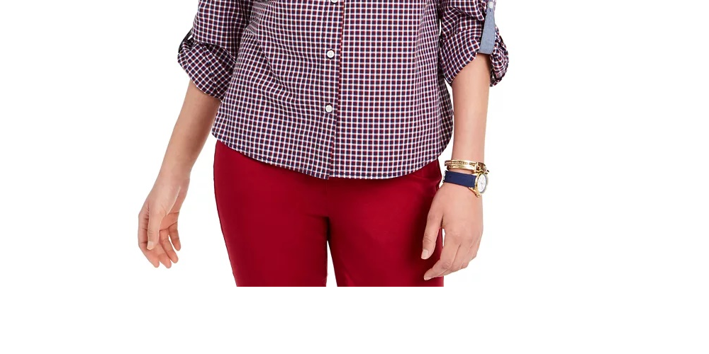 Tommy Hilfiger Women's Check Print Button Down Shirt Red Size X-Small