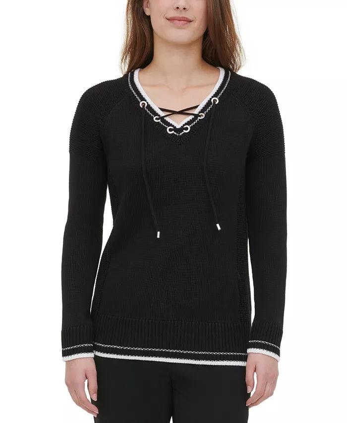 Calvin Klein Women's Lace Up Sweater Black Size X-Small