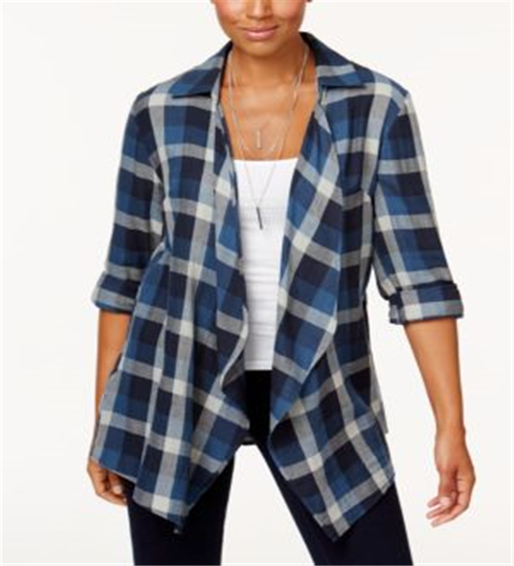 Style & Co Women's Cotton Open Front Plaid Completer Shirt Blue Size 2XL
