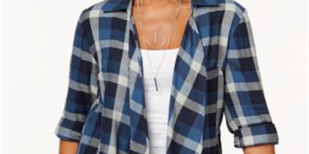 Style & Co Women's Cotton Open Front Plaid Completer Shirt Blue Size 2XL