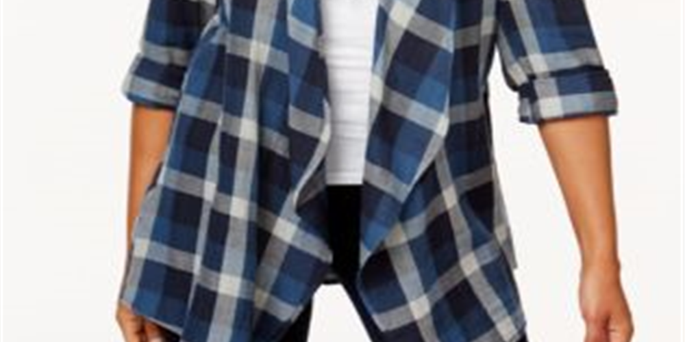 Style & Co Women's Cotton Open Front Plaid Completer Shirt Blue Size 2XL