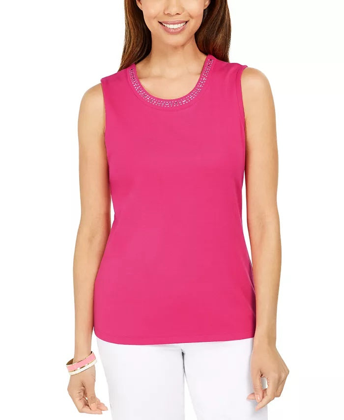 Karen Scott Women's Cotton Embellished Neck Top Blue Size Medium