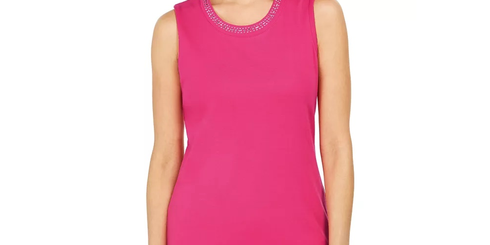 Karen Scott Women's Cotton Embellished Neck Top Blue Size Medium