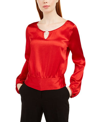 BCX Junior's Gathered Waist Keyhole Blouse Red Size S