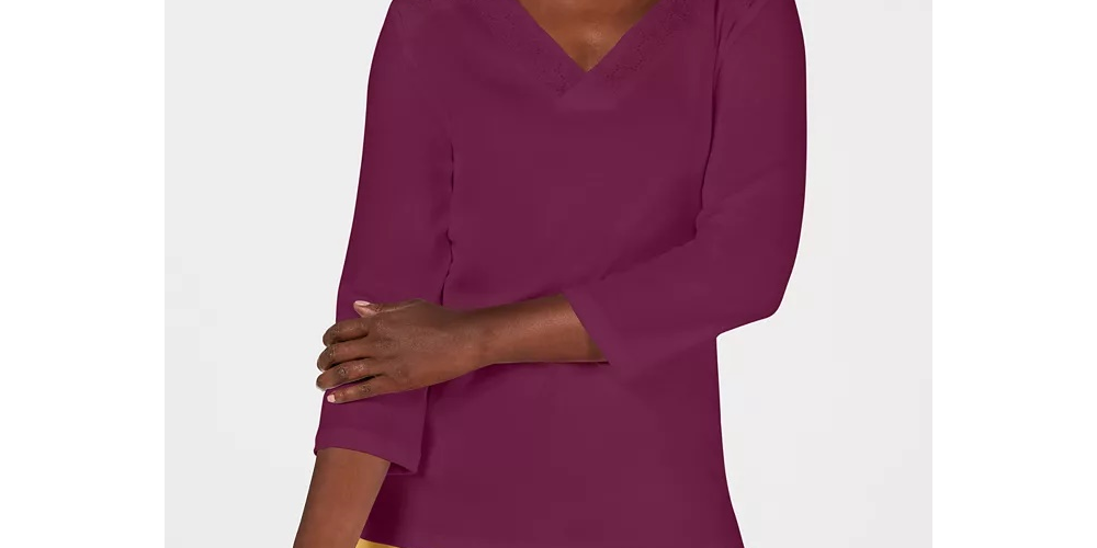 Karen Scott Women's Eyelet Trim Top Purple Size Medium