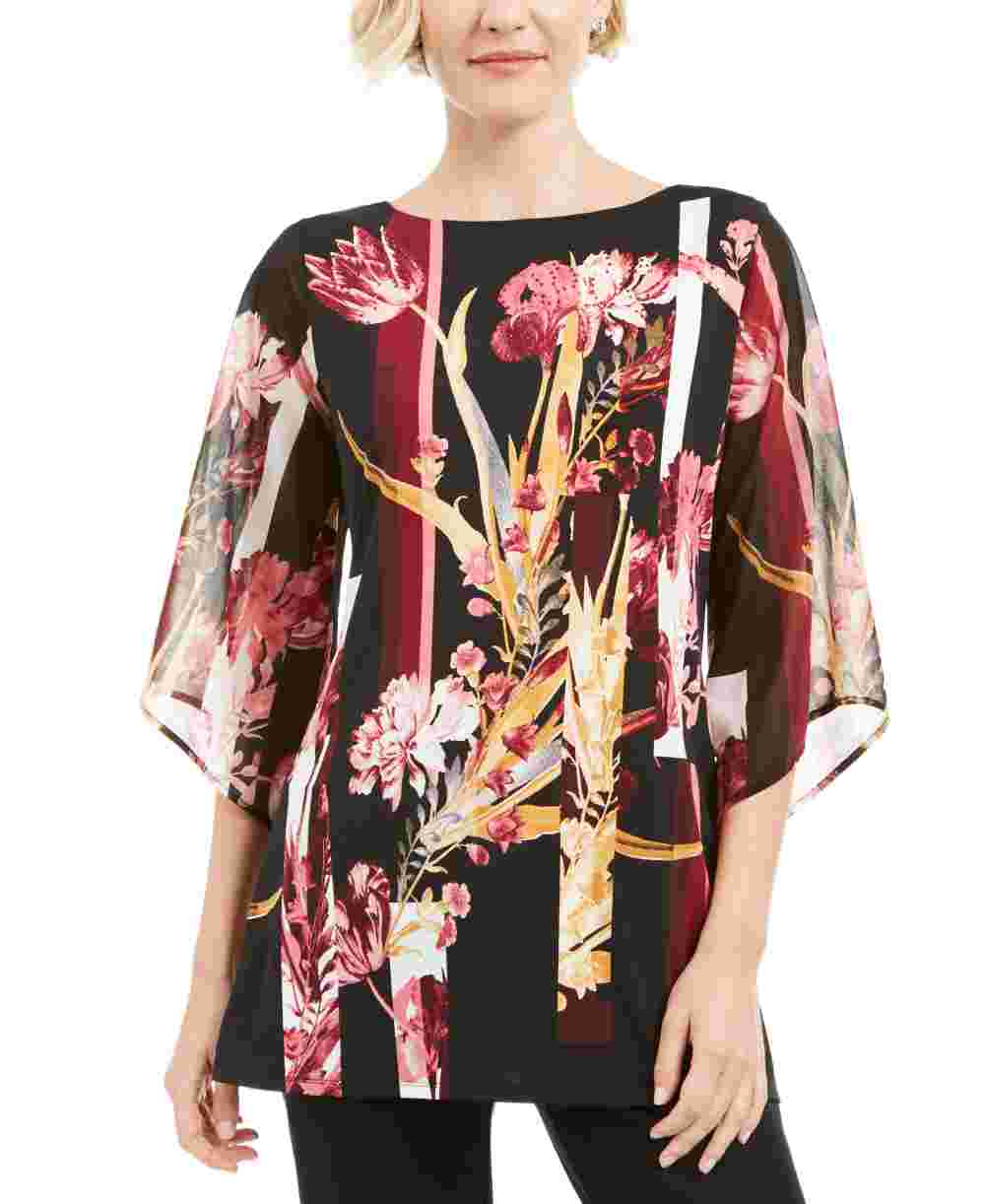 JM Collection Women's Printed Chiffon Sleeve Tunic Top Black Size Medium