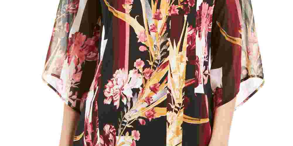 JM Collection Women's Printed Chiffon Sleeve Tunic Top Black Size Medium