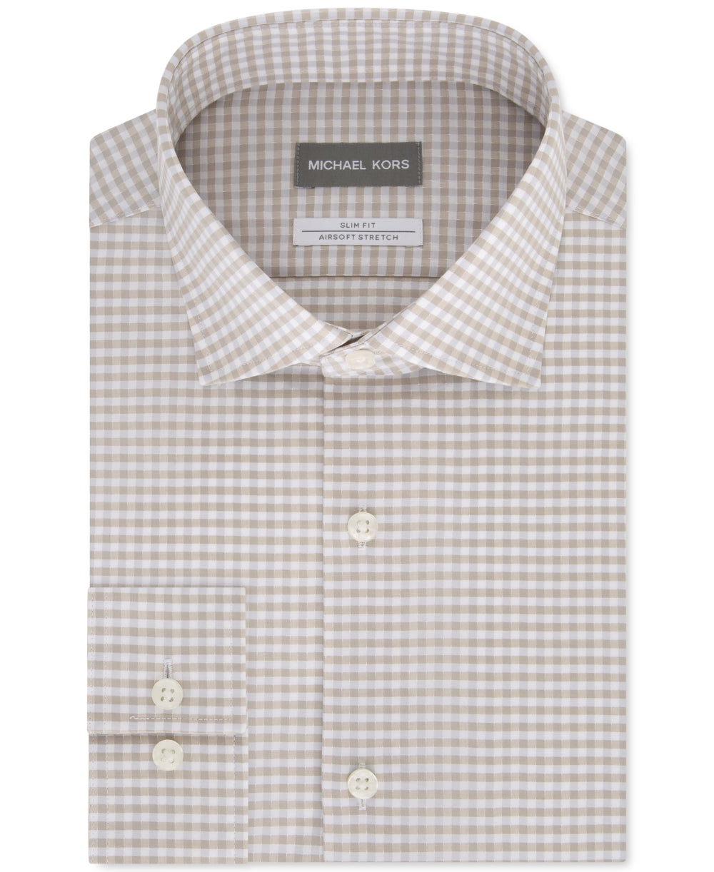 Michael Kors Men's Slim-Fit Non-Iron Airsoft Performance Stretch Check Dress Shirt Beige Size 15.5X34-35