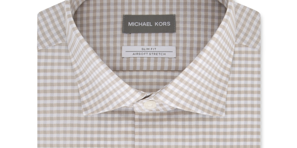 Michael Kors Men's Slim-Fit Non-Iron Airsoft Performance Stretch Check Dress Shirt Beige Size 15.5X34-35