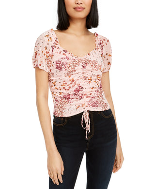 Crave Fame Juniors' Ruched Floral-Print Crop Top Pink Size Medium