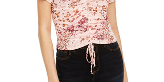 Crave Fame Juniors' Ruched Floral-Print Crop Top Pink Size Medium