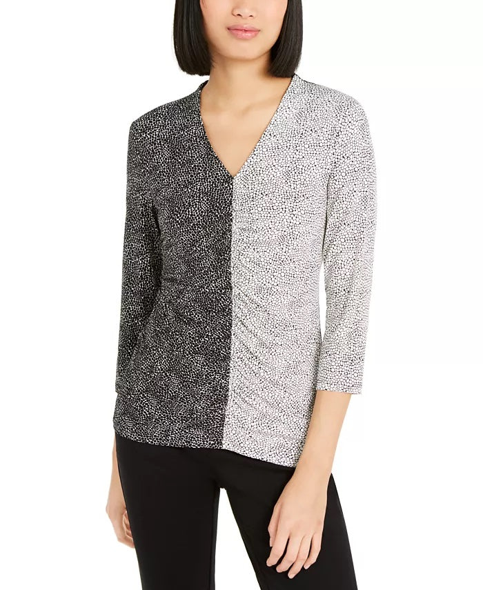 Alfani Women's Printed 3/4 Sleeve V Neck T-Shirt Top Black Size Small